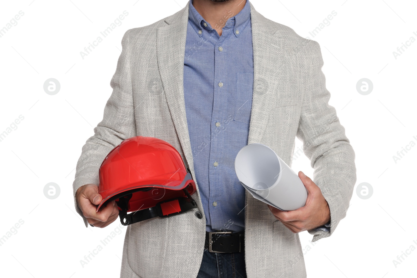 Photo of Professional engineer with hard hat and draft isolated on white, closeup