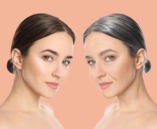 Image of Natural aging, comparison. Portraits of woman in different ages on beige background