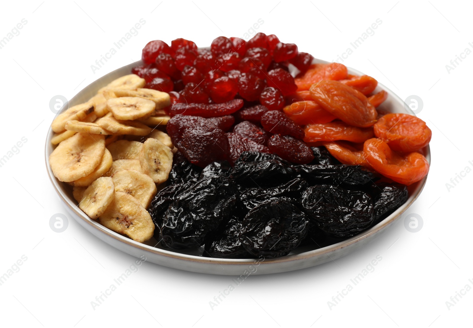 Photo of Different delicious dried fruits isolated on white