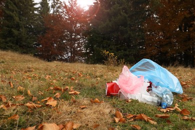 Photo of Pile of plastic garbage on grass near forest. Space for text