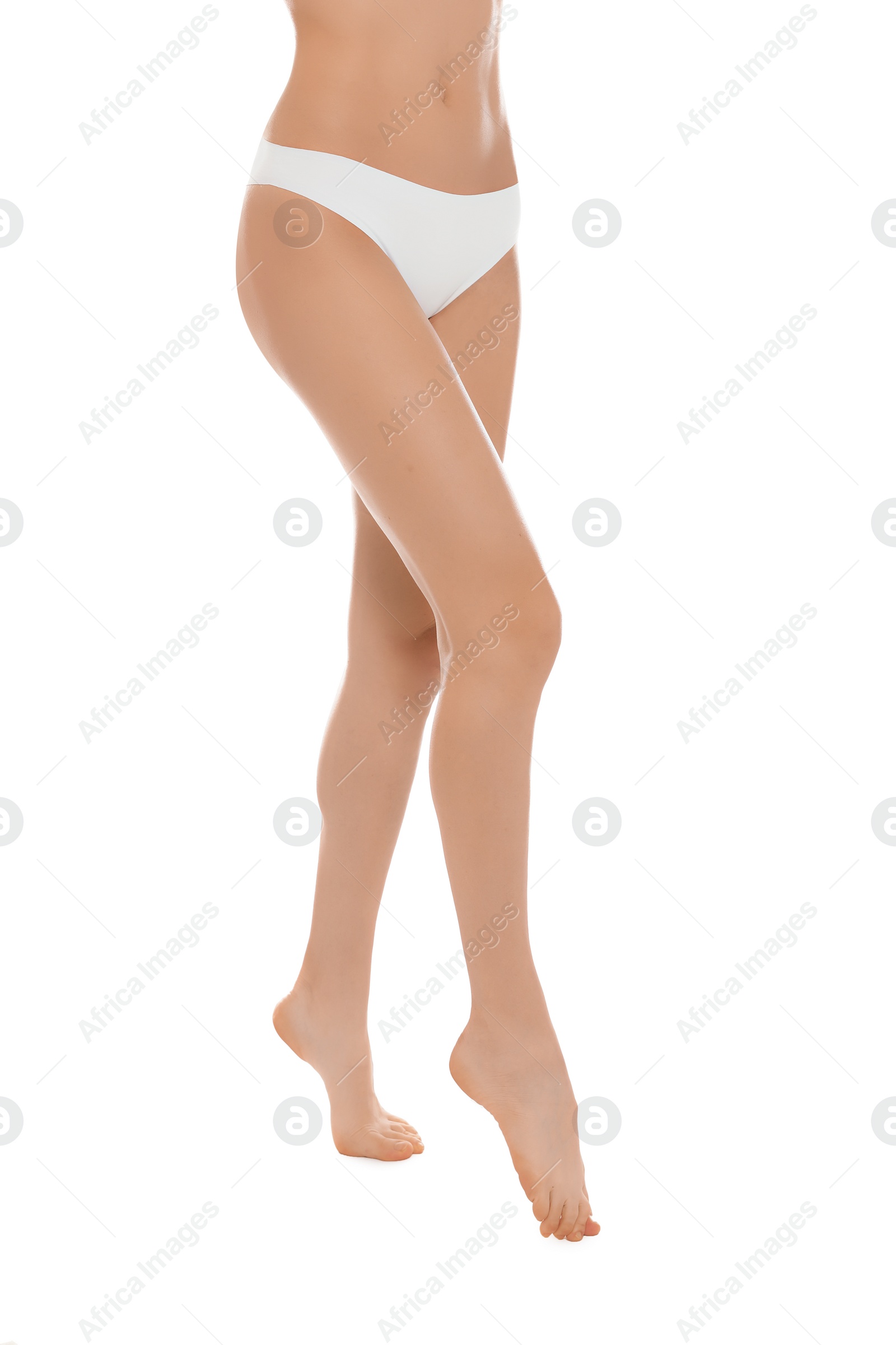 Photo of Slim young woman with smooth gentle skin on white background. Beauty and body care concept