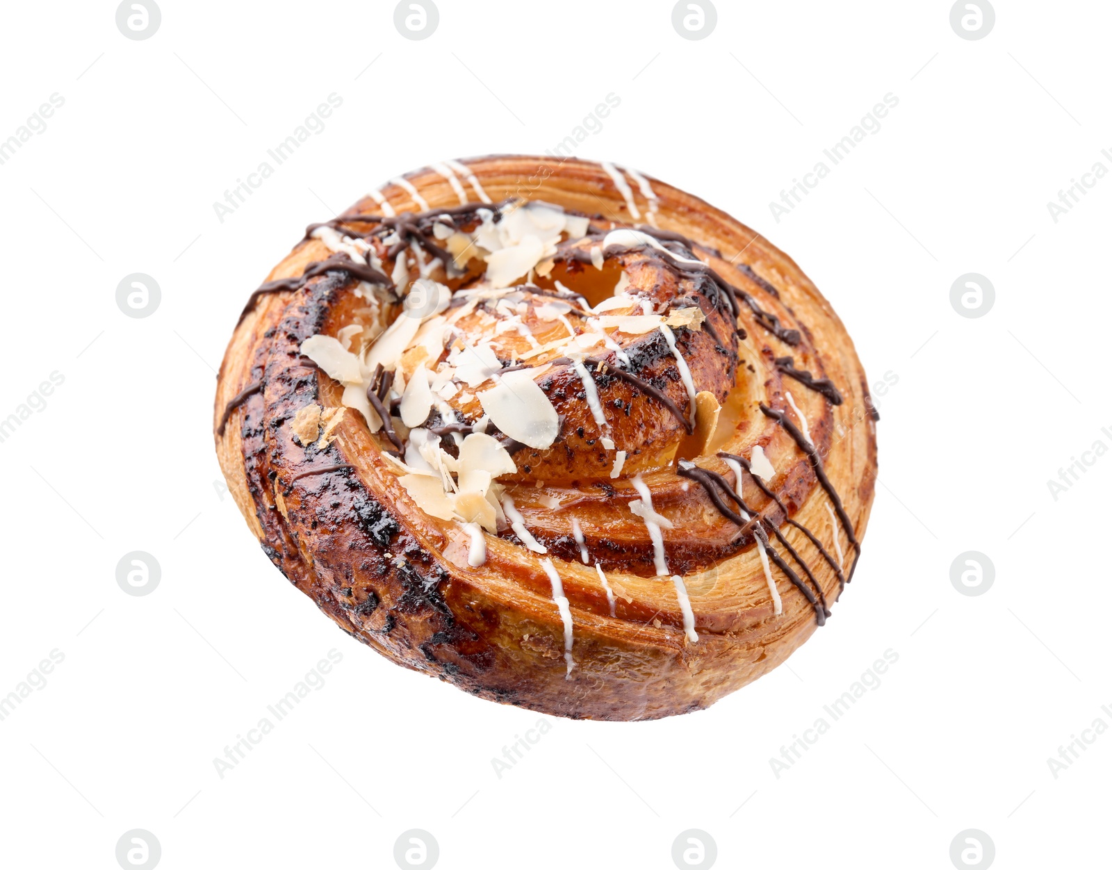 Photo of One delicious roll with almond flakes and topping isolated on white. Sweet bun