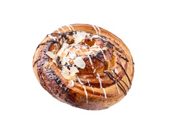 Photo of One delicious roll with almond flakes and topping isolated on white. Sweet bun