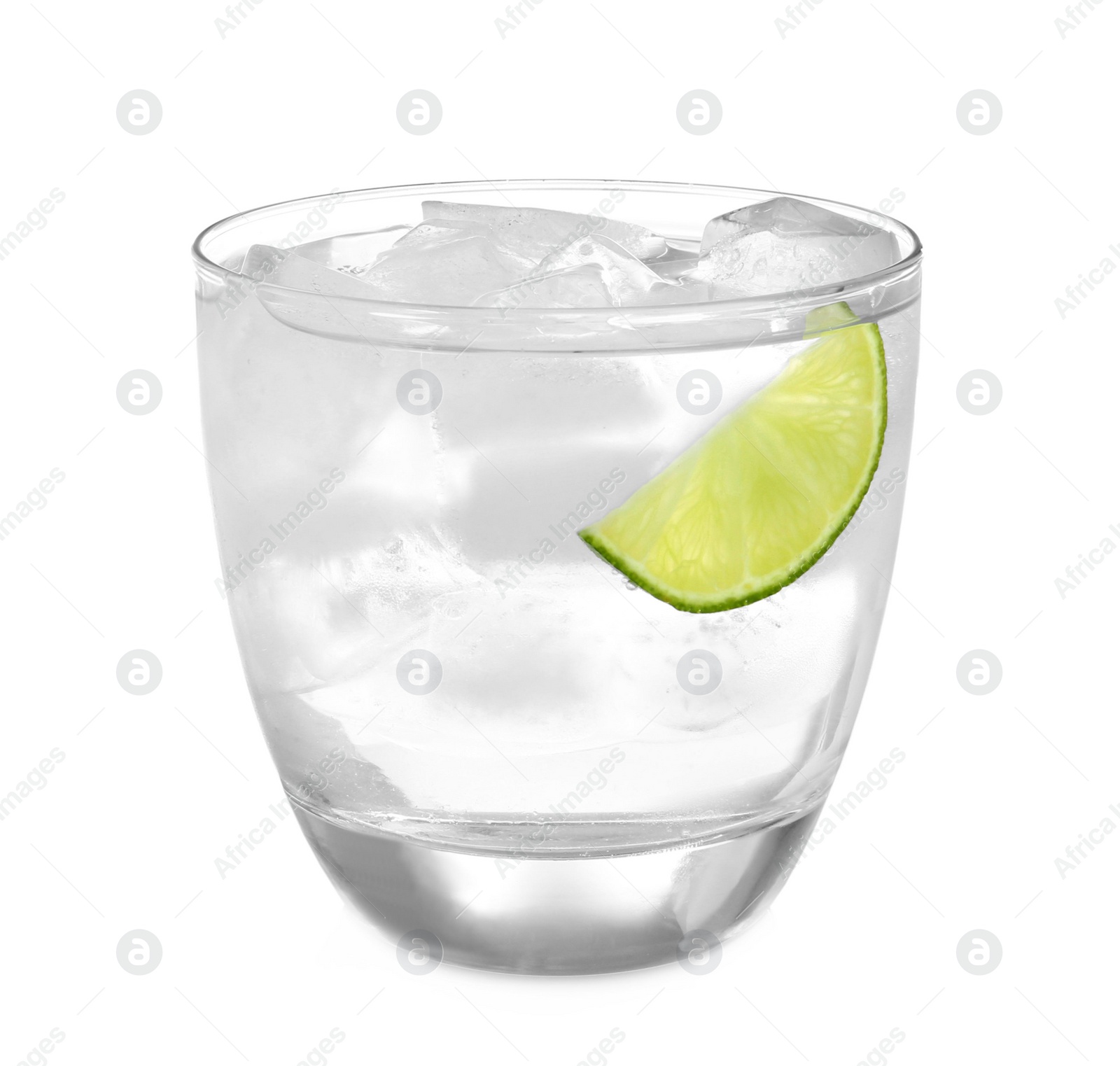 Photo of Glass of refreshing drink with ice cubes on white background