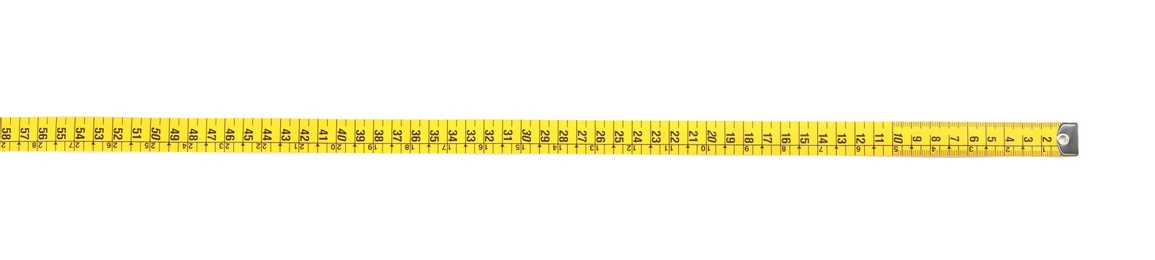 New yellow measuring tape isolated on white, top view