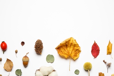 Photo of Flat lay composition with autumn leaves and space for text on white background