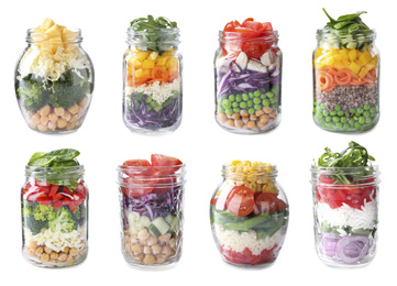 Image of Set of different jars with healthy salads on white background 