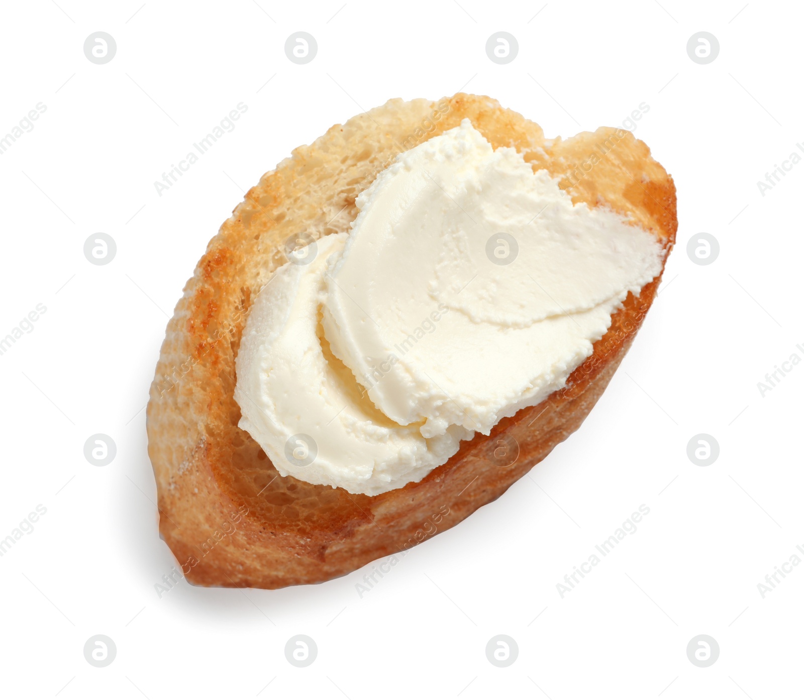 Photo of Piece of baguette with tasty cream cheese on white background, top view