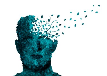 Illustration of Dementia concept.  blue head shaped plant losing leaves on white background