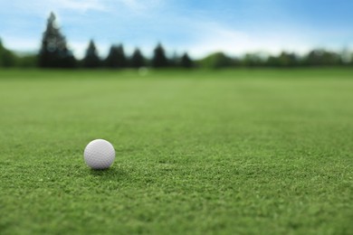 Photo of Golf ball on green course, space for text