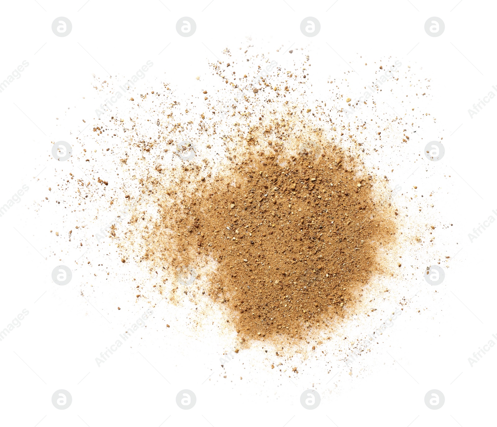 Photo of Pile of brown dust scattered on white background, top view