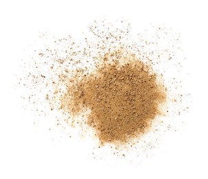 Photo of Pile of brown dust scattered on white background, top view