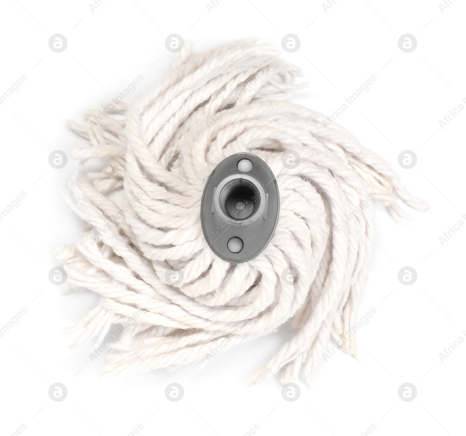 Photo of Mop head with ropes isolated on white, top view