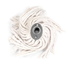 Photo of Mop head with ropes isolated on white, top view