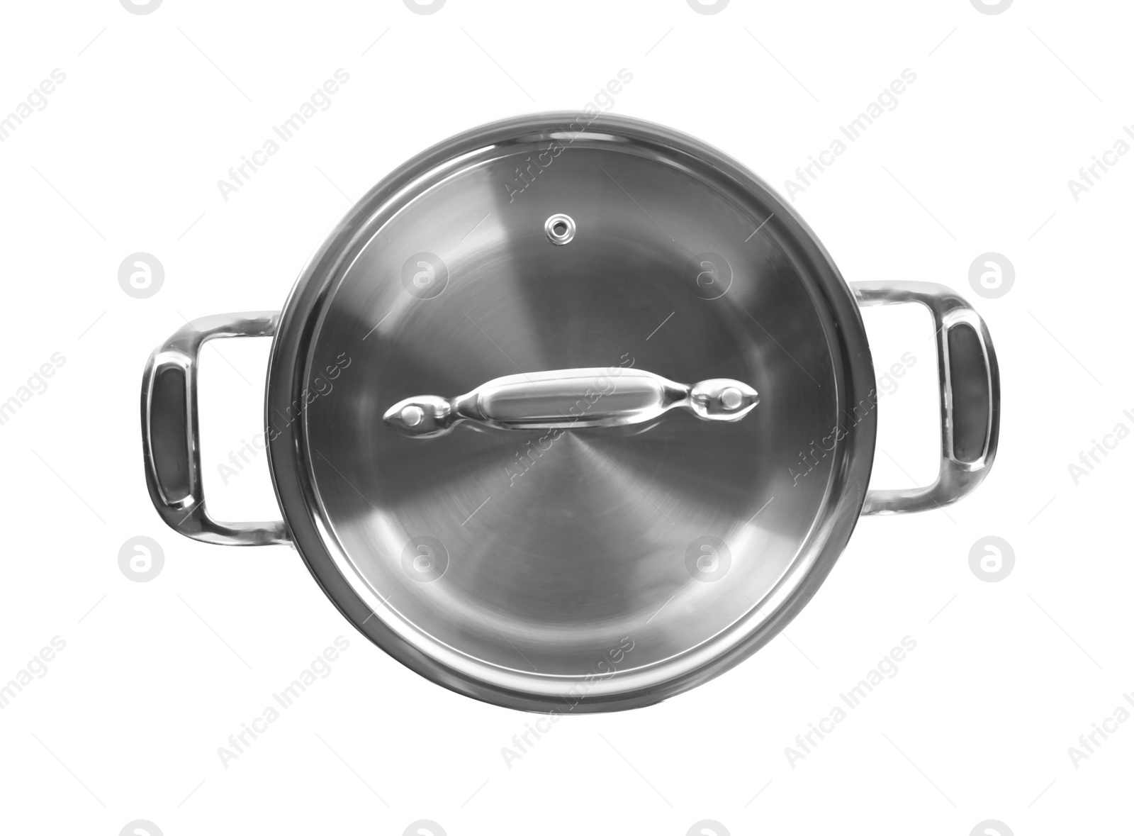 Photo of New cooking pot isolated on white, top view. Kitchen utensil