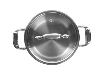 Photo of New cooking pot isolated on white, top view. Kitchen utensil