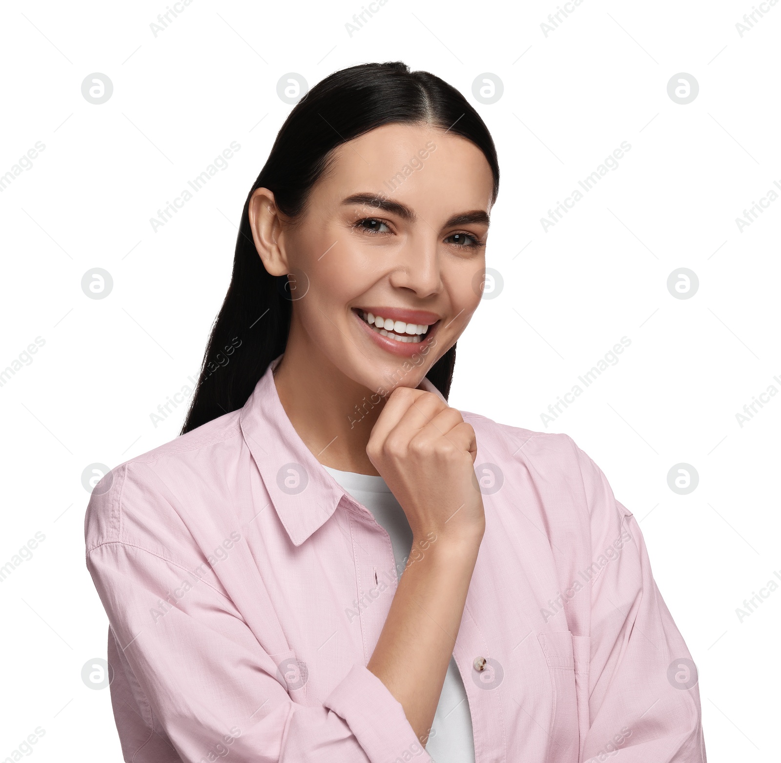 Photo of Beautiful woman with clean teeth smiling on white background