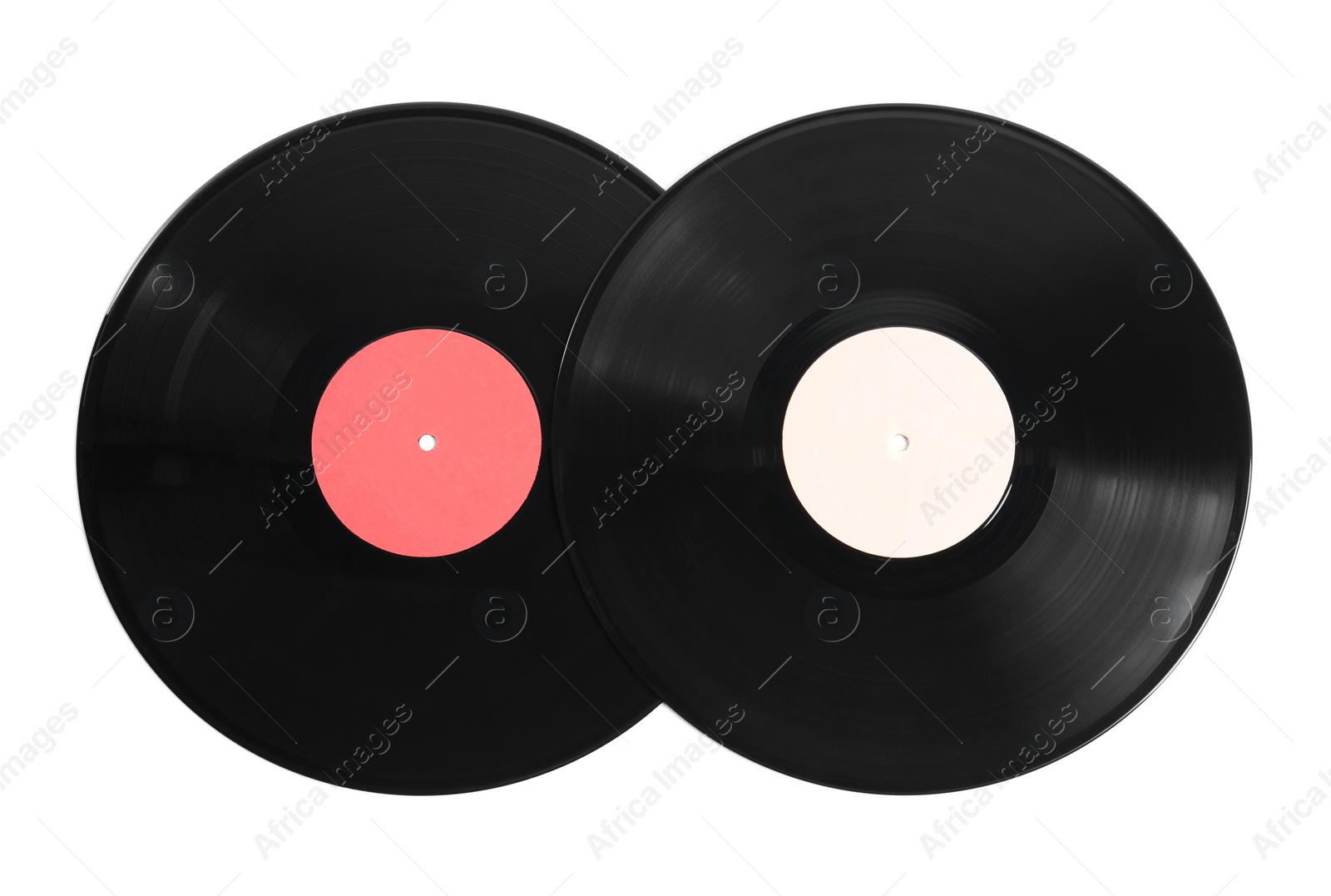 Photo of Vintage vinyl records on white background, top view