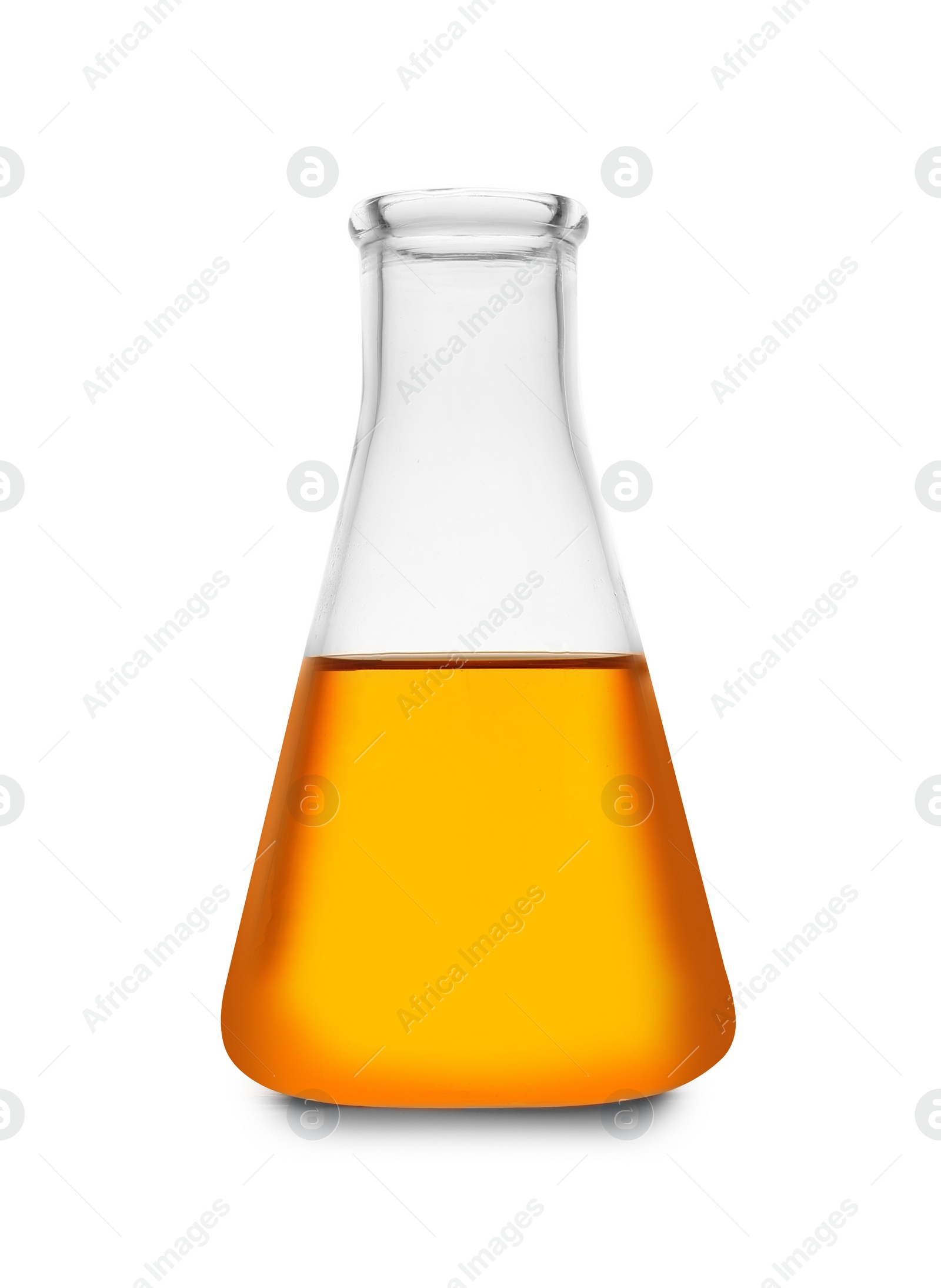 Photo of Conical flask with color liquid isolated on white. Chemistry glassware