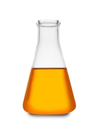 Photo of Conical flask with color liquid isolated on white. Chemistry glassware