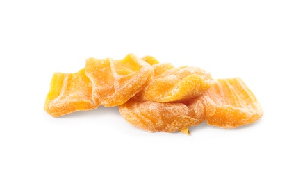 Sweet dried jackfruit slices on white background