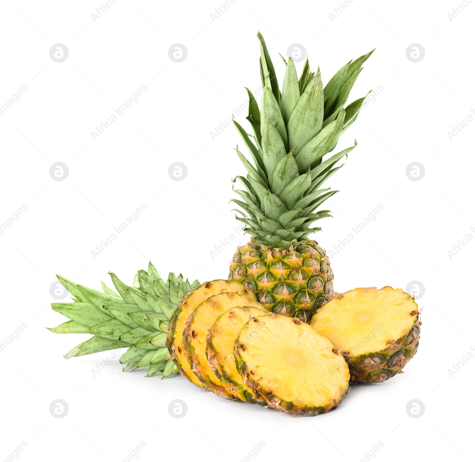 Photo of Whole and cut juicy pineapples isolated on white