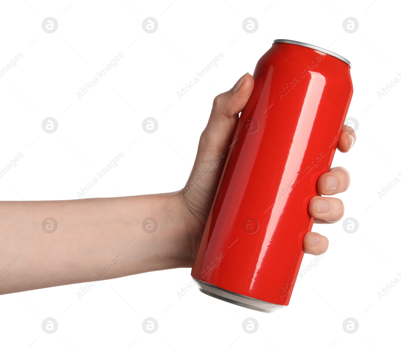 Photo of Woman holding red aluminum can on white background, closeup