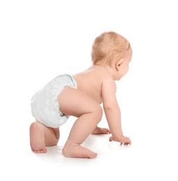 Photo of Cute little baby crawling on white background