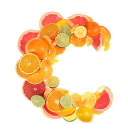 Photo of Letter C made with citrus fruits on white background as vitamin representation, top view