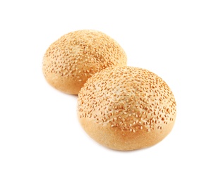 Photo of Buns with sesame seeds isolated on white. Fresh bread