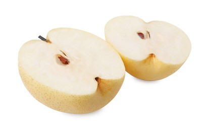 Photo of Halves of fresh apple pear isolated on white