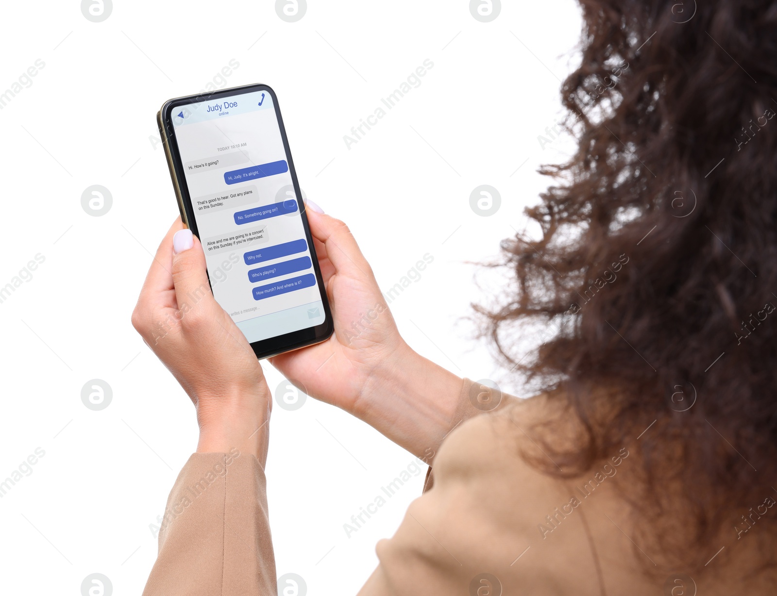 Image of Woman texting with friend using messaging application on smartphone against white background, closeup