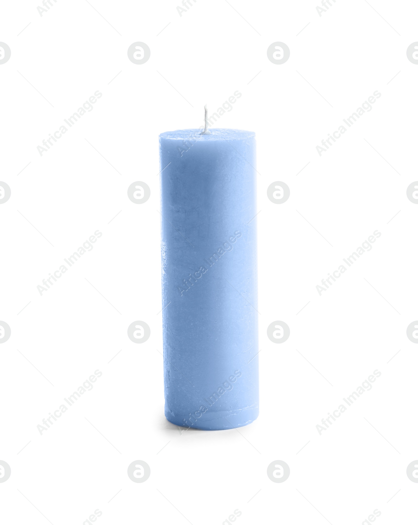 Photo of Blue pillar wax candle on white background