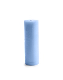 Photo of Blue pillar wax candle on white background