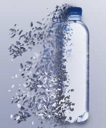 Image of Bottle of water vanishing on light background. Decomposition of plastic pollution