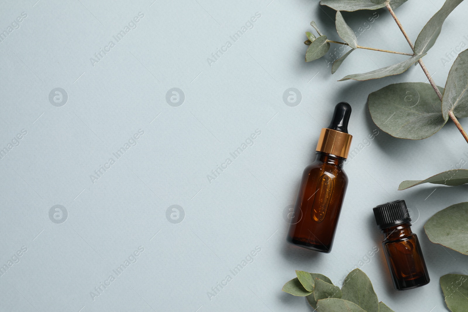 Photo of Aromatherapy. Bottles of essential oil and eucalyptus leaves on light grey background, flat lay. Space for text