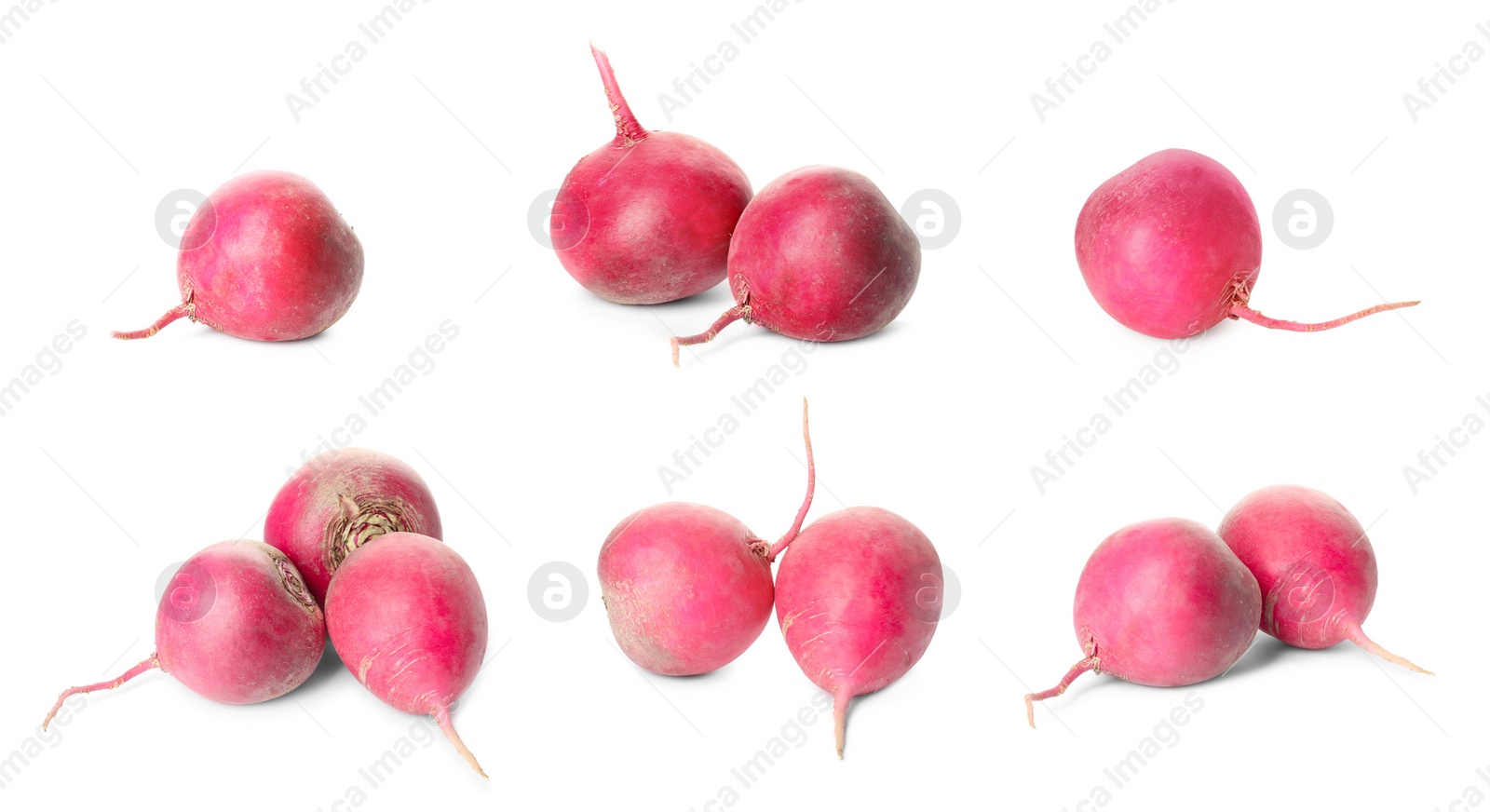 Image of Collage with fresh ripe turnips on white background
