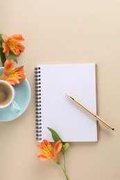 Guest list. Notebook, pen, coffee and beautiful flowers on beige table, flat lay. Space for text