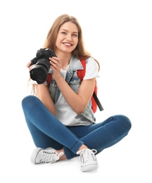 Photo of Female photographer with camera on white background