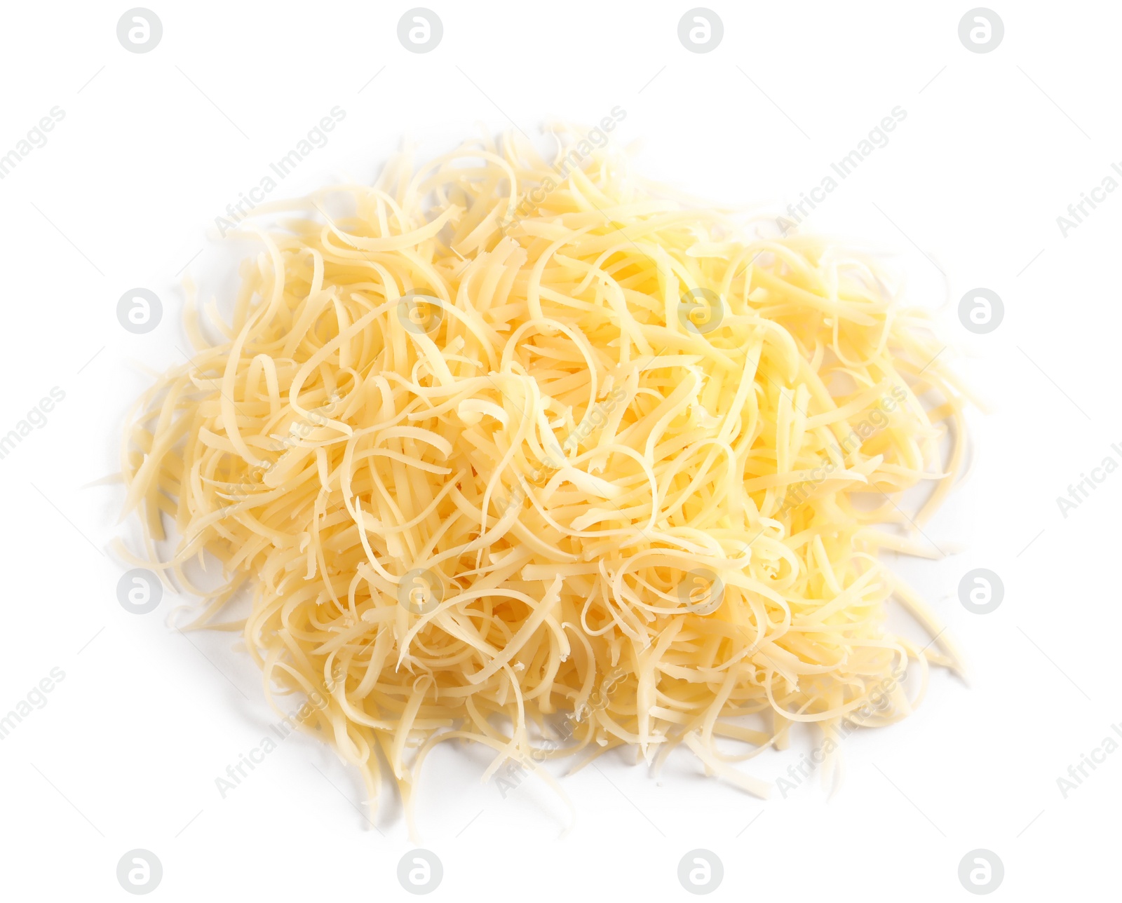 Photo of Heap of grated delicious cheese on white background