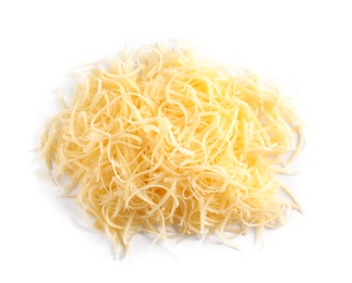 Photo of Heap of grated delicious cheese on white background