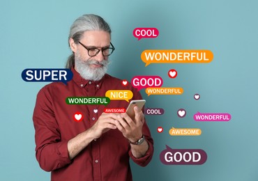 Mature man using smartphone to give feedback on light blue background. Customer review
