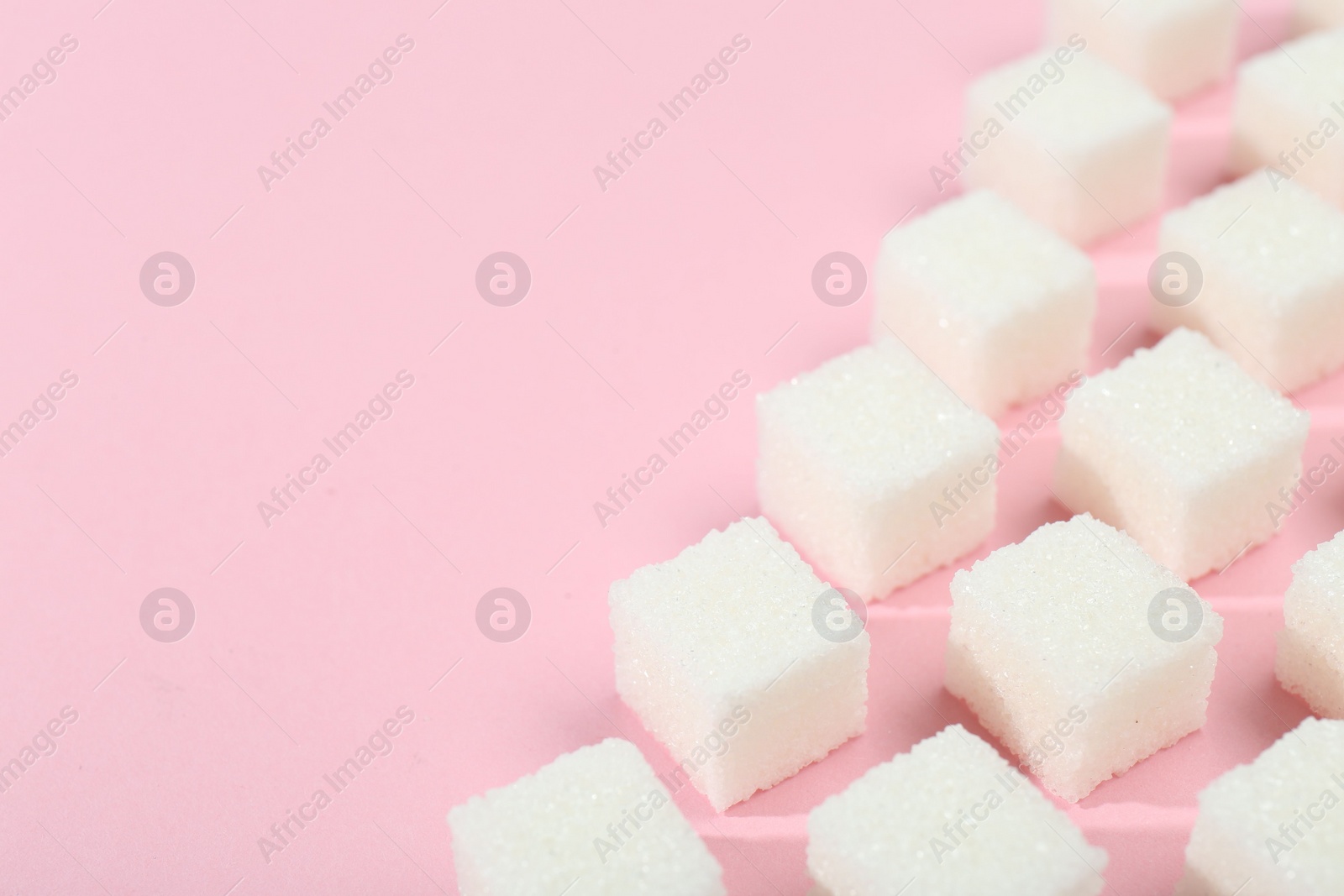 Photo of White sugar cubes on pink background, closeup. Space for text