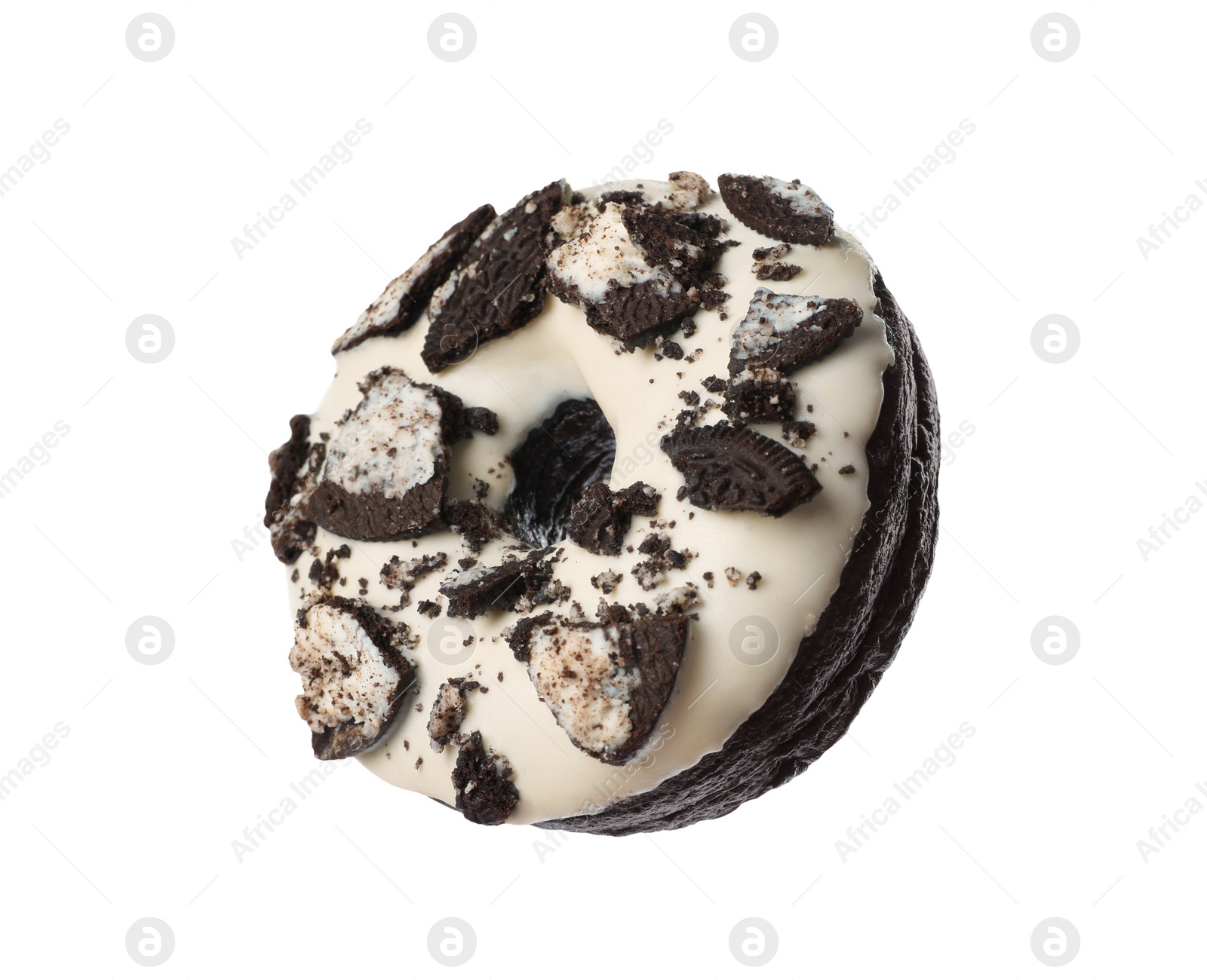 Photo of Sweet tasty glazed donut decorated with chocolate cookies isolated on white