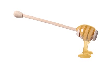 Natural honey dripping from dipper on white background