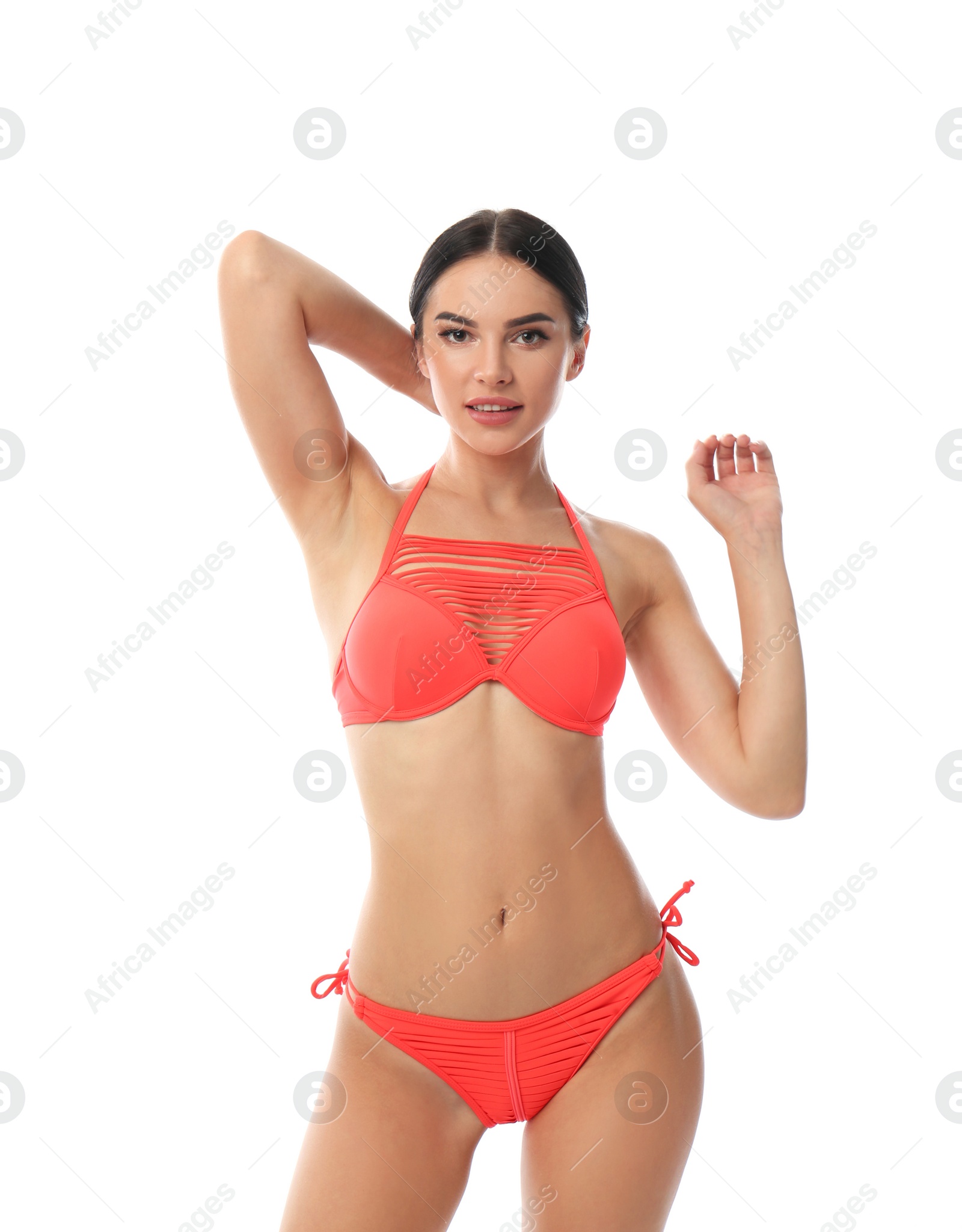 Photo of Beautiful young woman in stylish bikini on white background