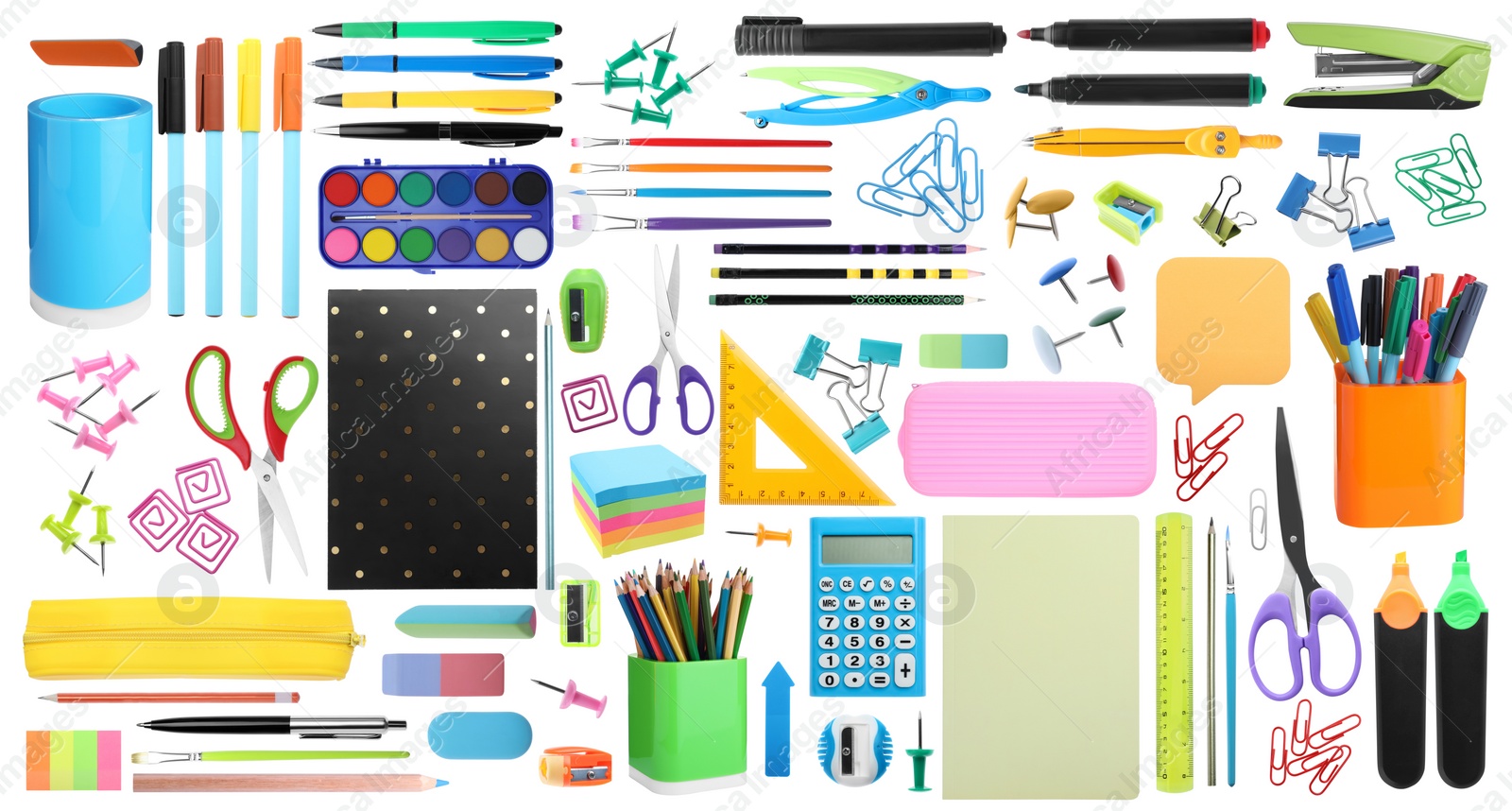 Image of Set of bright school stationery on white background. Banner design