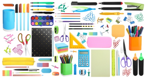 Image of Set of bright school stationery on white background. Banner design