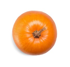 Photo of One fresh orange pumpkin isolated on white, top view