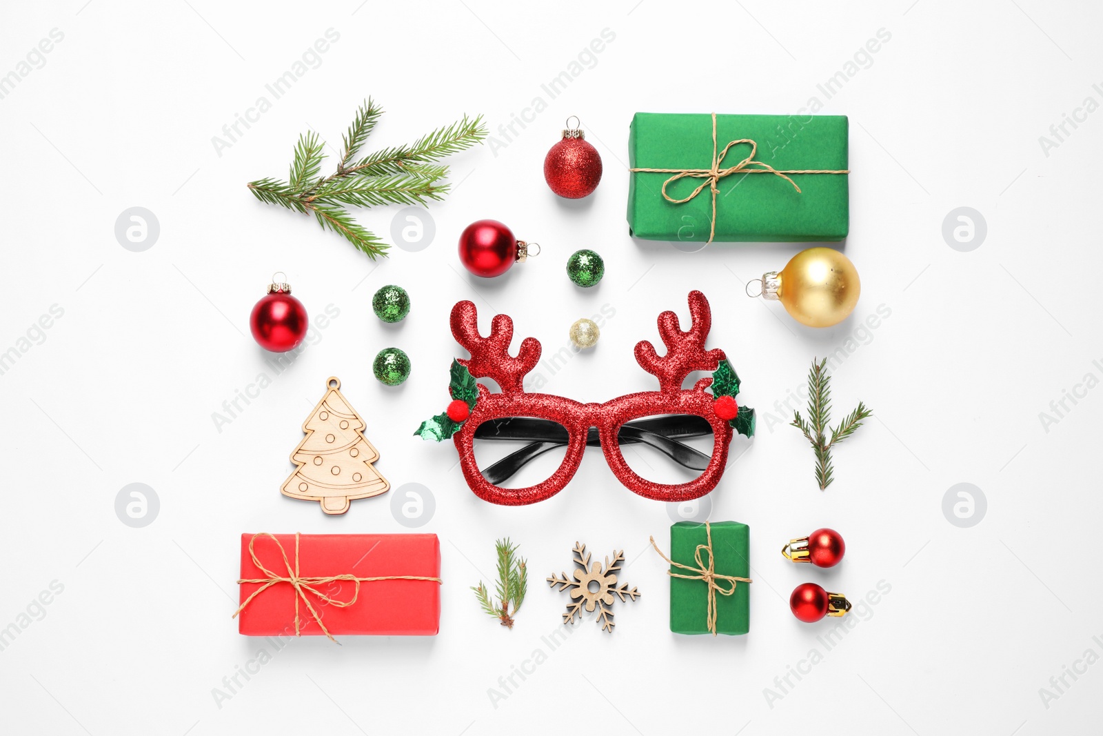 Photo of Flat lay composition with Christmas items on white background